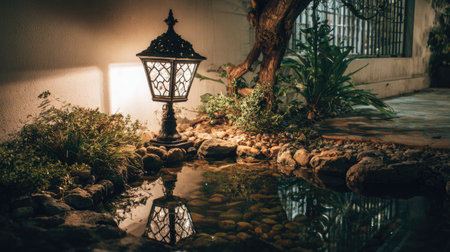 A serene evening scene featuring a beautifully lit lantern beside a calm pond, surrounded by lush vegetation and stone pathways, creating a tranquil atmosphere.の素材