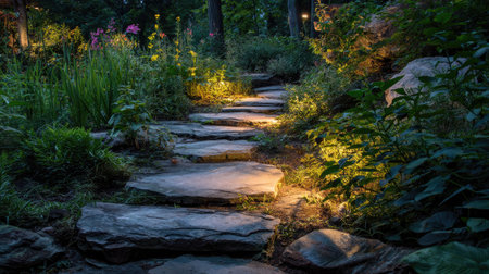 A serene garden pathway made of natural stone, softly illuminated by warm lights. Lush plants bloom along the sides, creating a tranquil evening ambiance.の素材