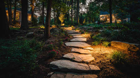 A captivating image of a stone pathway winding through a beautifully landscaped garden, illuminated by soft ambient lighting, creating a tranquil evening atmosphere.の素材