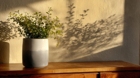 A charming indoor plant in a stylish pot creates soft shadows on a textured wall, enhancing the cozy atmosphere of the room with warm natural light.の素材