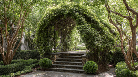 Discover a tranquil garden pathway framed by a lush green archway, leading to stone steps amidst vibrant foliage, inviting peace and relaxation in nature.の素材