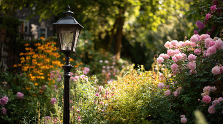 A charming vintage street lamp stands amidst a vibrant display of blooming flowers, creating a serene garden atmosphere drenched in soft natural sunlight.の素材