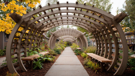 Discover a tranquil garden pathway framed by a stunning wooden archway, surrounded by lush greenery and golden autumn leaves, ideal for peaceful outdoor retreats.の素材