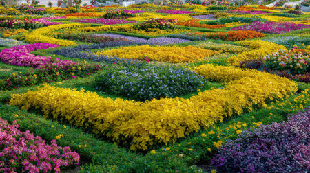 This captivating image features a colorful flower garden boasting a range of blooms in vibrant colors. A perfect representation of nature's beauty in outdoor spaces.の素材