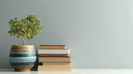 A peaceful indoor composition featuring a potted plant and a neatly arranged stack of books set against a soft gray wall, creating a calming atmosphere.の素材