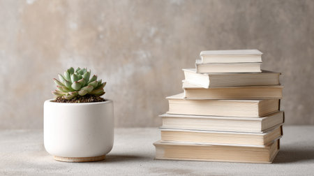 This image showcases a trendy succulent in a white pot beside a neat stack of books, creating a serene and stylish ambiance ideal for modern home decor.の素材