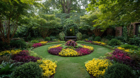 Experience the beauty of a vibrant garden rich with colorful flowers and lush greenery, featuring a bench ideal for enjoying tranquil moments in nature.の素材