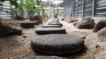 A tranquil garden pathway featuring circular stones amidst lush green plants, creating a peaceful indoor space that embodies nature's beauty and serenity.の素材