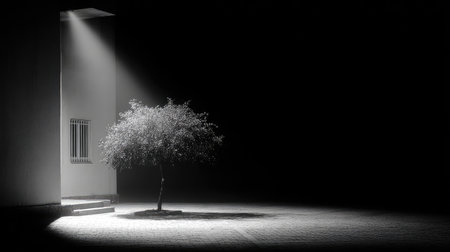 A striking black and white image features a solitary tree illuminated by a soft light, creating a serene atmosphere filled with contrast and tranquility.の素材