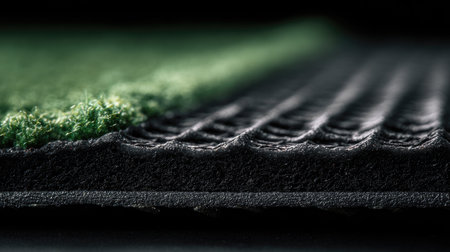 This high-resolution image captures the intricate textures of artificial grass and padded underlay, showcasing the contrast between green fibers and dark layers, ideal for design insights.の素材