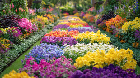 Explore a stunning garden pathway adorned with an array of colorful flowers in full bloom, creating a serene and vibrant atmosphere perfect for relaxation and inspiration.の素材