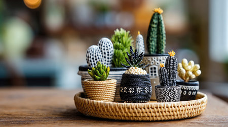 Explore a charming collection of decorative miniature cacti in unique pots, perfect for enhancing any indoor space with greenery and stylish aesthetic appeal.の素材