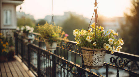 A vibrant balcony scene featuring hanging flower pots bathed in warm sunset light, creating a tranquil atmosphere perfect for relaxation and outdoor enjoyment.の素材