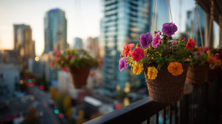 A stunning view of colorful flowers in hanging pots against a backdrop of a vibrant city skyline during sunset. The image captures nature's beauty in an urban setting.の素材