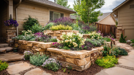 A stunning rock garden features an array of vibrant flowers and lush greenery in a tranquil front yard. Perfect for landscaping inspiration and outdoor design ideas.の素材