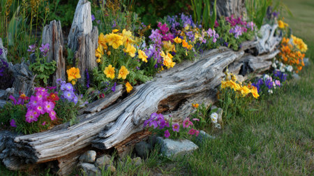 A beautiful arrangement of colorful flowers blooms alongside a rustic log in a serene garden setting. The bright petals create a cheerful atmosphere perfect for outdoor enjoyment.の素材