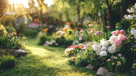 A beautiful garden pathway adorned with colorful flowers captures the essence of spring. Sunlight filters through trees, creating a serene and inviting atmosphere.の素材