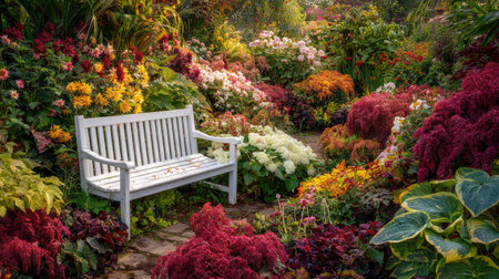 A beautiful garden oasis features a white bench nestled among vibrant flowers and lush greenery, creating a perfect space for relaxation and enjoying nature's beauty.の素材