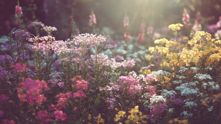 A beautiful garden filled with a variety of colorful flowers basking in soft natural light creates a serene and artistic atmosphere, embodying the essence of spring.の素材