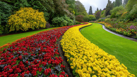 A picturesque garden scene featuring a vibrant pathway lined with red and yellow flowers, inviting visitors to experience the serene beauty of nature in full bloom.の素材