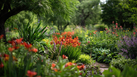 Explore a vibrant garden filled with colorful flowers and lush greenery, creating a serene and inviting outdoor space, ideal for relaxation and nature appreciation.の素材