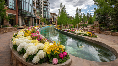 A beautiful scene featuring a winding waterway adorned with colorful flowers and surrounded by modern buildings and lush greenery, perfect for relaxation and leisure.の素材