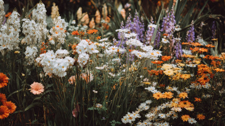 A stunning display of colorful flowers in full bloom showcases a vibrant variety of petals amidst lush greenery, capturing the essence of spring's natural beauty.の素材