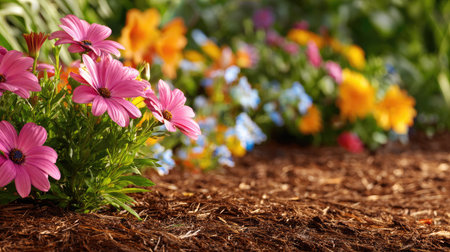 A beautiful garden scene featuring vibrant pink flowers in the foreground with soft-focus colorful blooms in the background, creating a serene and inviting outdoor atmosphere.の素材