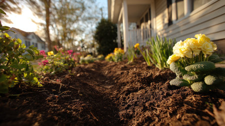 A picturesque view of a flower bed featuring vibrant blooms and fresh soil preparation, beautifully illuminated by warm sunlight beside a charming porch area.の素材