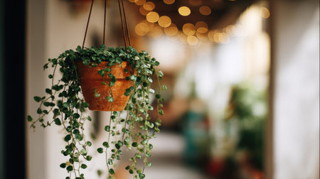 A stunning hanging plant in a terracotta pot, adorned with lush green leaves, creates a serene atmosphere, complemented by warm bokeh lights that enhance the cozy indoor setting.の素材