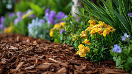 A stunning view of a vibrant garden bed featuring yellow and purple flowers surrounded by fresh greenery and a rich mulch pathway, perfect for nature lovers.の素材