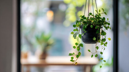 A beautiful hanging plant with lush green leaves adds a refreshing touch to modern indoor spaces, enriching the environment with tranquility and natural beauty.の素材