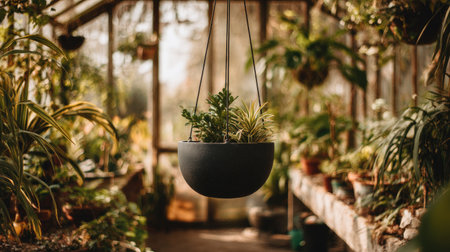 A charming hanging planter features lush succulents in a vibrant greenhouse, surrounded by a serene atmosphere filled with natural light and greenery.の素材