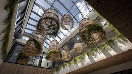 A stunning modern interior showcases wicker lamps that hang gracefully from a glass ceiling, adorned with lush greenery, creating a vibrant and inviting atmosphere.の素材