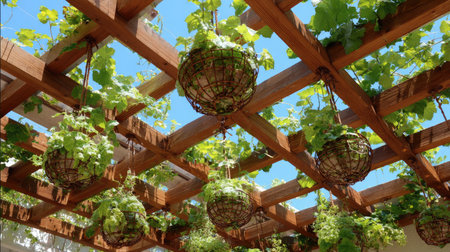 This vibrant outdoor garden scene captures lush greenery hanging from a wooden pergola, creating a tranquil atmosphere filled with sunlight and natural beauty.の素材