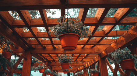 A stunning image showcasing lush greenery hanging from a wooden pergola, with warm tones and sunlight creating a serene and inviting outdoor atmosphere.の素材