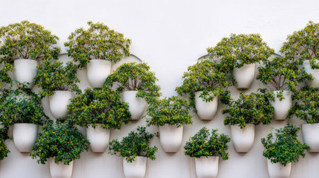 A captivating vertical garden featuring lush green plants in elegant white pots against a clean white wall, perfect for enhancing modern interiors and outdoor spaces.の素材
