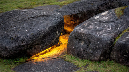 A mesmerizing view of illuminated stone structures showcases the beauty of nature and design, highlighting textures of rocks, grass, and warm light.の素材