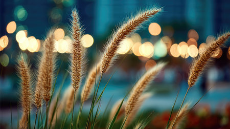 A stunning close-up view of soft golden grasses swaying gently in an urban landscape, illuminated by shimmering city lights, creating a serene atmosphere.の素材