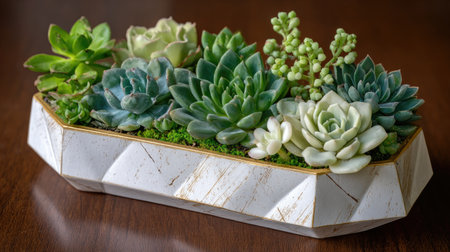A stunning arrangement of diverse succulents in a chic geometric planter, perfect for enhancing any indoor space with a touch of natural elegance and charm.の素材
