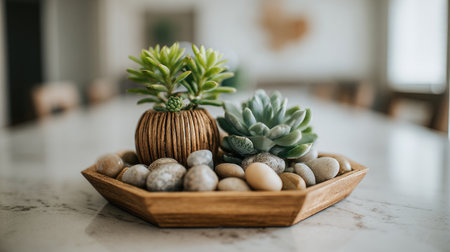 A beautiful centerpiece featuring succulent plants in a wooden planter surrounded by smooth pebbles, perfect for adding a touch of natural beauty to any indoor space.の素材