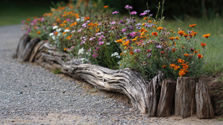 A vibrant flower bed filled with colorful blooms rests against a rustic wooden border along a gravel pathway, showcasing natural beauty and tranquil outdoor scenery.の素材
