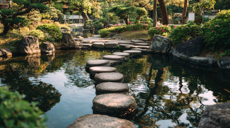 This image captures a serene scene of a Japanese garden featuring a pathway of stone stepping stones across tranquil water, surrounded by lush greenery and trees.の素材