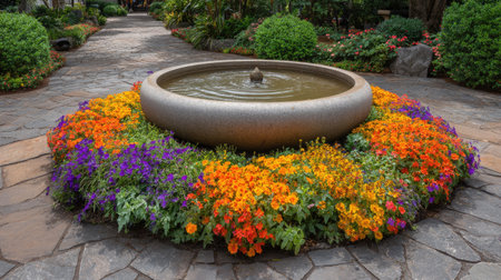 A picturesque garden pathway featuring a stunning stone fountain at its center, surrounded by a colorful array of vibrant flowers, creating a peaceful oasis.の素材