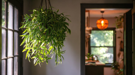 A stunning hanging plant fills the room with vibrant green leaves, casting a relaxing atmosphere. The warm pendant light adds charm to a cozy interior space.の素材