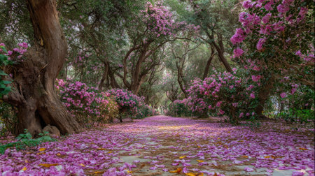 Explore a tranquil garden pathway adorned with vibrant pink flowers and scenic greenery, offering a serene escape into nature's beauty and tranquility.の素材