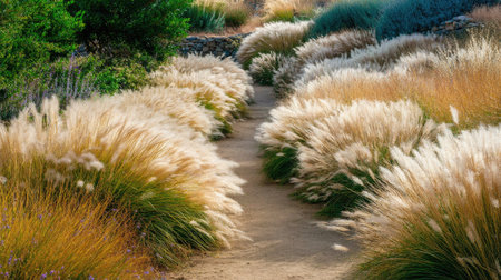 A charming pathway woven through lush grasses and soft flowering plants invites exploration in this serene outdoor landscape, perfect for nature lovers and tranquility seekers.の素材