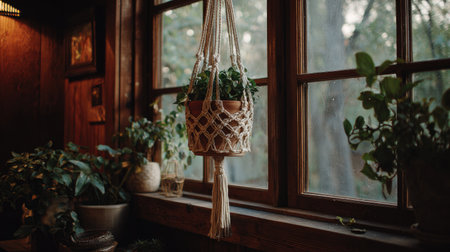 A charming indoor scene with a macrame plant hanger and vibrant green plants by a window. This inviting atmosphere combines rustic decor with nature's beauty.の素材