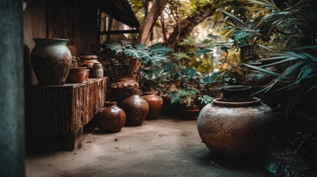 A tranquil outdoor scene featuring traditional clay pots amidst lush greenery, perfect for showcasing rustic garden decor and the beauty of nature in serene light.の素材