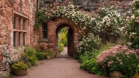 A picturesque stone archway adorned with vibrant flowers invites you into a tranquil garden, perfect for relaxation or inspiration in nature's beauty.の素材